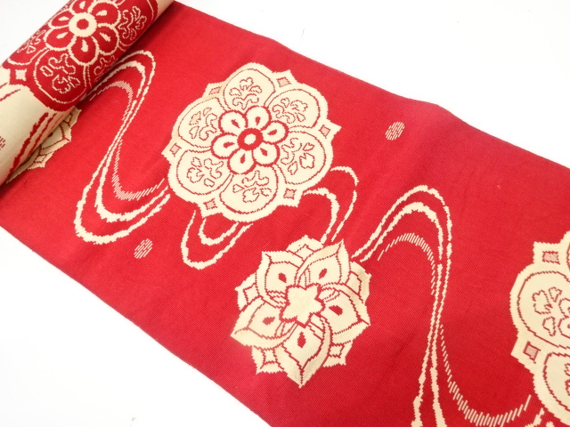 JAPANESE KIMONO / ANTIQUE BOLT FOR HASSUN OBI / WOVEN FLORAL CREST